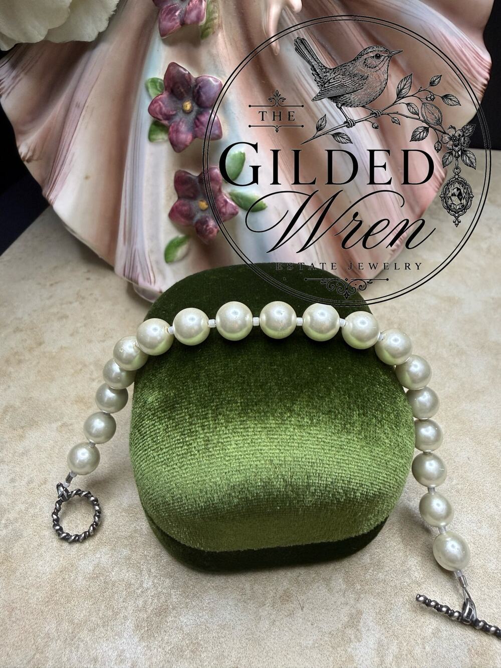 Vintage Sterling Silver Faux Pearl Bracelet 8mm Simulated Pearls 7” Rope Toggle